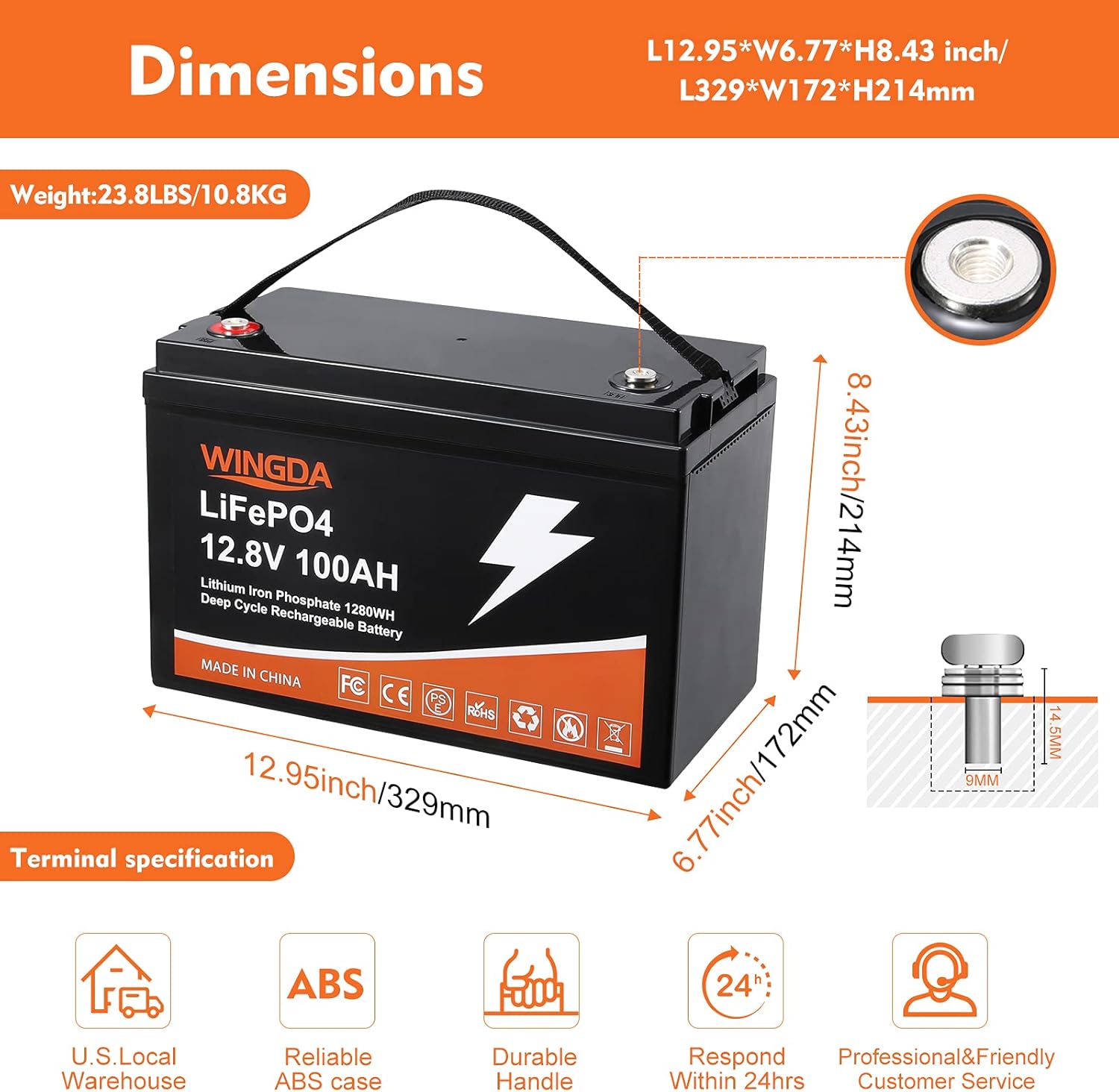 WINGDA LiFePO4 Battery 100Ah 12V Deep Cycle Lithium Batteries with Built-In BMS,5000+ Cycles 10 Year Life Time Rechargeable for RV, Solar Power