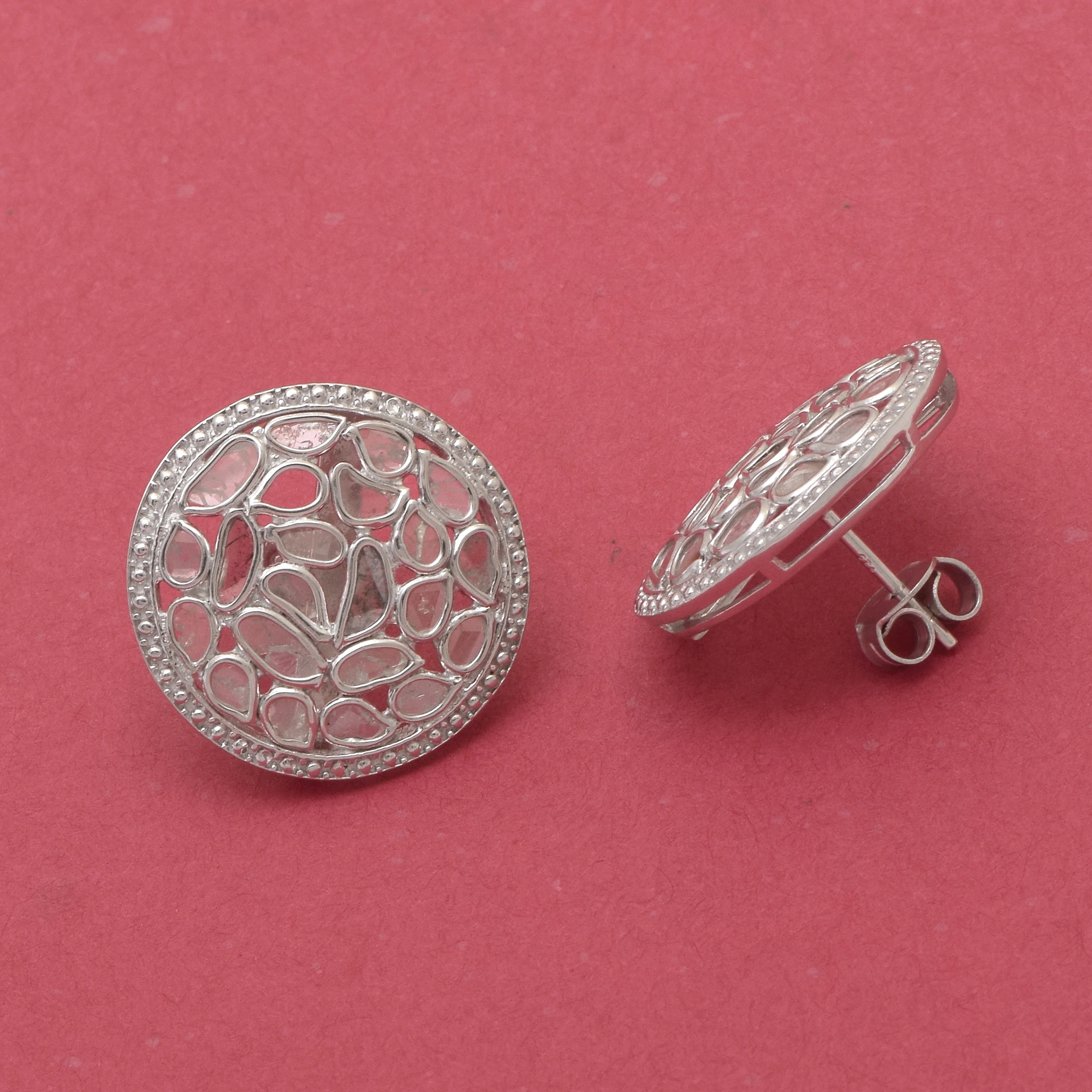 1.85 CTW Natural Diamond Polki Round Studs 925 Sterling Silver Platinum Plated Handmade Slice Diamond Earrings