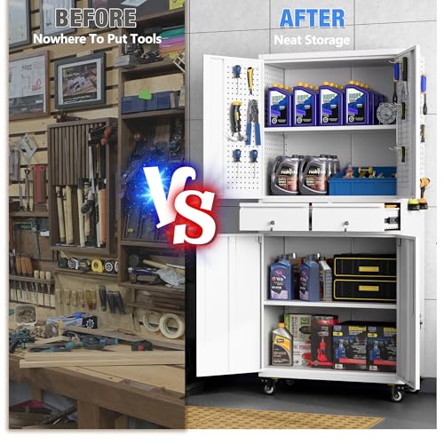 Garage Storage Cabinet with Wheels & Pegboard, 72" H Locking Metal Storage Cabinet with Doors and 4 Adjustable Shelves for Garage Workshop Home