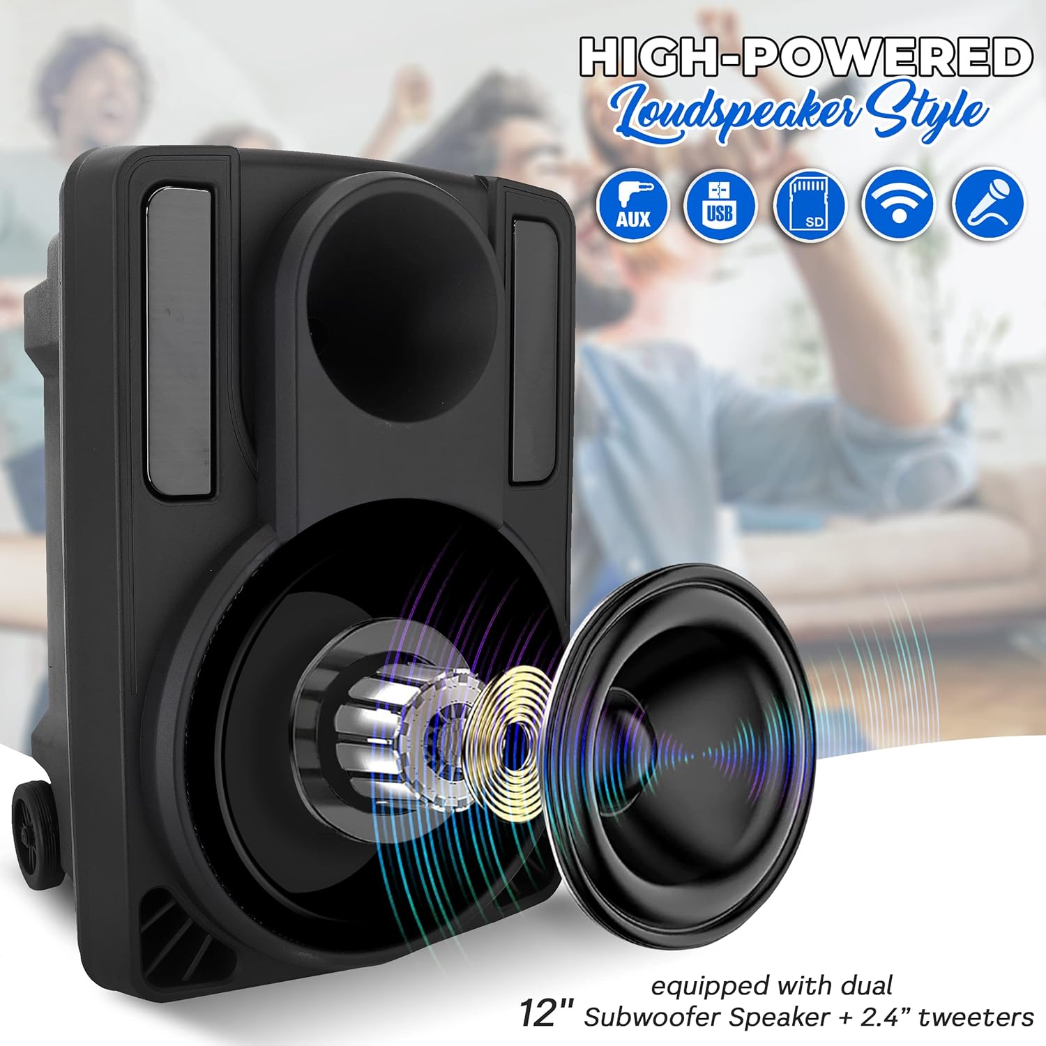 12’’ Portable PA Speaker System - Wireless BT Streaming PA & Karaoke Party Audio Speaker, Two Wireless Mic, Wired Microphone, Tablet Stand