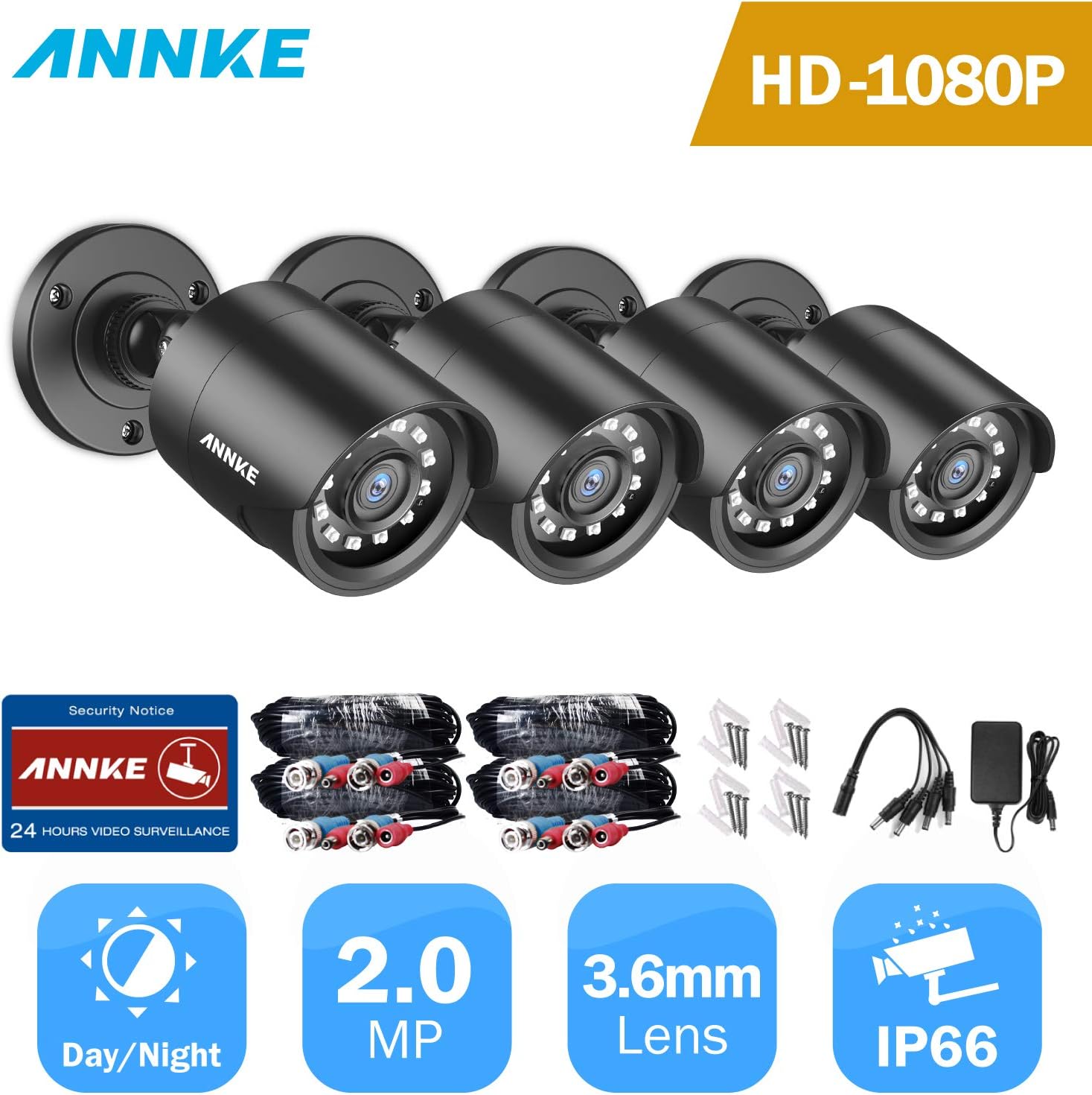 ANNKE 4 Pack 1080P HD TVI Home Security Camera Outdoor Indoor, 1920TVL, IP66 Waterproof, Night/Day Vision, Surveillance CCTV Bullet Camera