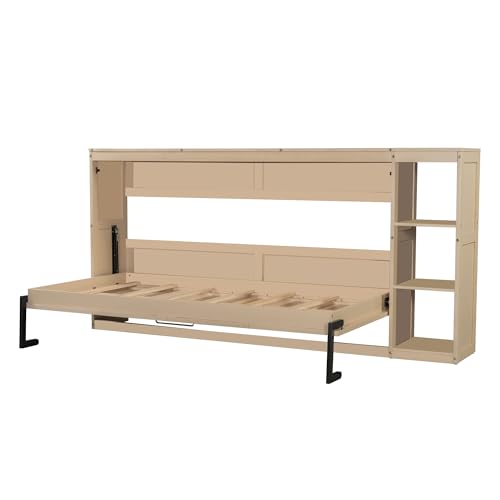 Queen Size Farmhouse Murphy Bed Cabinet with Charging Station, Foldable Platform Bed Frame with 2 Storage Drawers