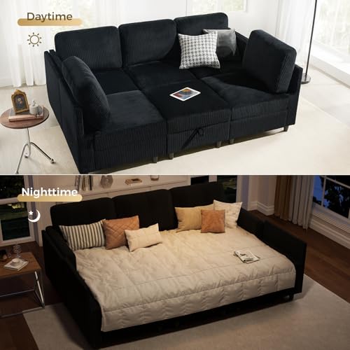 KKL Modular Sectional Sofa Bed with Storage Ottoman, Convertible L/U-Shaped Sleeper Couch for Living Room, Modern Reversible Design, Beige