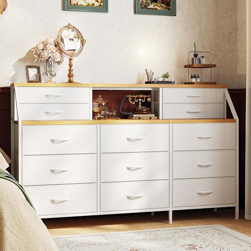 55" W Dresser for Bedroom, Dressers & Chests of Drawers with 13 Fabric Drawers and 2 Open Shelves, Long Vanity Dressers for Bedroom & Closet