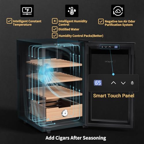 KingChii 16L Electric Cigar Humidors Temperature Control System, Cooling & Heating Humidor Cabinet with Spanish Cedar Wood Shelves & Hygrometer