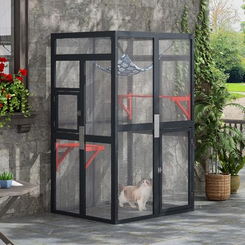 COZIWOW Catio Outdoor Cat Enclosure Window Access, Wooden Cat House Shelter, Kitty Cage with 3 Platforms for Patio Indoor (White)