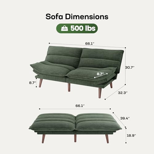 Marsail Futon Sofa Bed, Futon Couch with Adjustable Backrest & Armrests, Convertible Small Sleeper Sofa Bed for Small Apartments, Study Room, Office