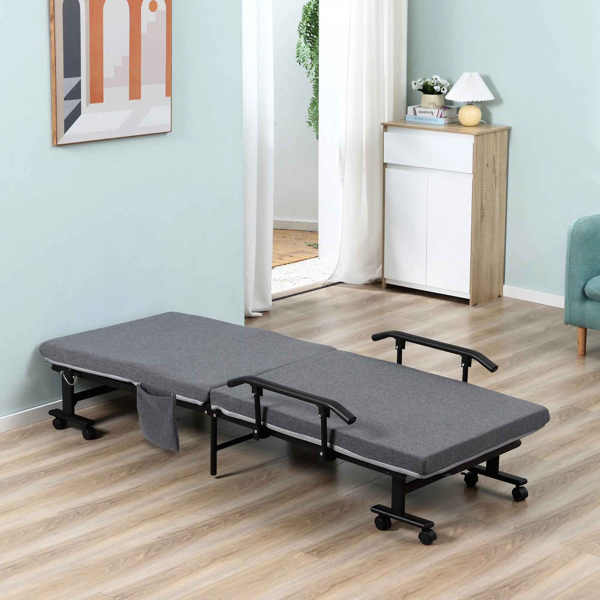 HOMCOM Rollaway Bed, Folding Bed with 3.25" Mattress, Portable Foldable Guest Bed with Adjustable Backrest, and Metal Frame on Wheels, Dark Grey