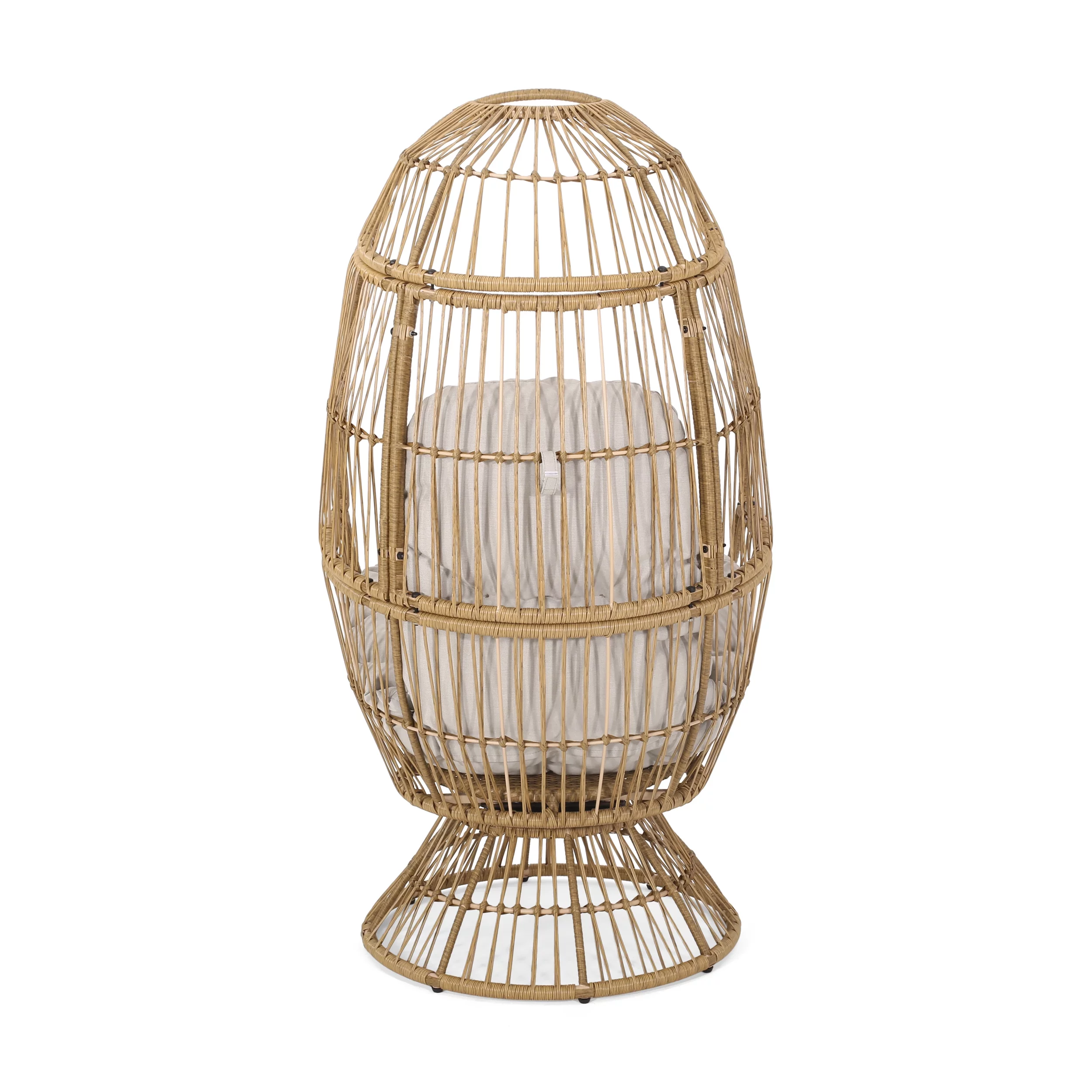 Noble House Adaline Outdoor Wicker Swivel Egg Chair with Cushion, Light Brown, Beige