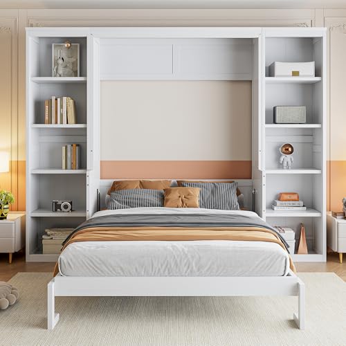 Queen Size Murphy Bed Wall Cabinet with 2 Wardrobe and Storage Shelf, Wooden Murphy Cube Wall Bed