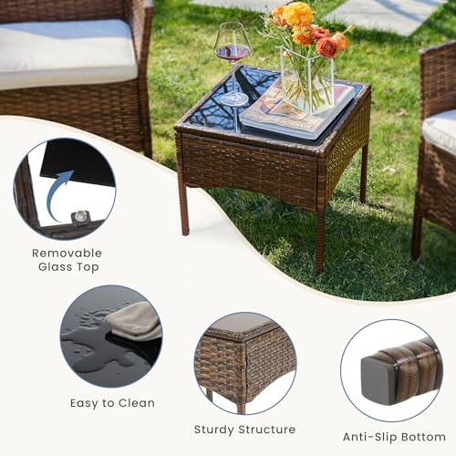 DUMOS Patio Furniture Set 4 Pieces, Outdoor Wicker Furniture with Coffee Table, Modern Rattan Patio Chairs Conversation Sets with Sofa for Garden