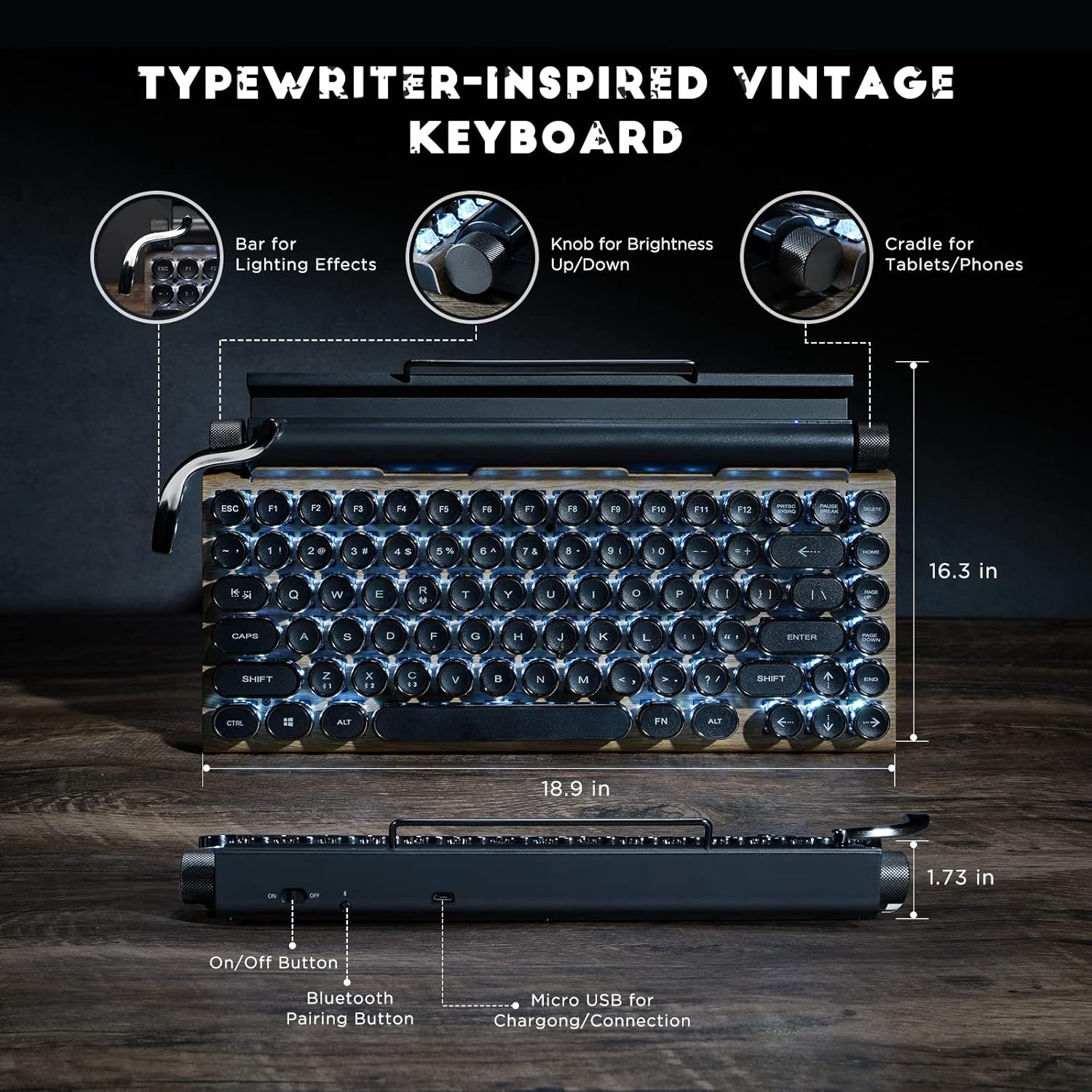 Retro Typewriter Keyboard with White Lighting, Multi-Device Bluetooth Wireless & Wired Aesthetic Mechanical Keyboard for Computer/Laptop/Tablets