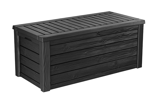 Keter Outdoor Storage Deck Box, 150 Gallon Resin Patio Bin & Bench, Wood Grain, Brown