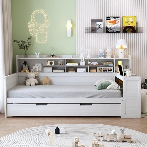 Corner Twin Bed Frame with Bookcase Storage and Desk, Wood Day Beds with 2 Drawers, Twin Size Daybed with Storage for Living Room