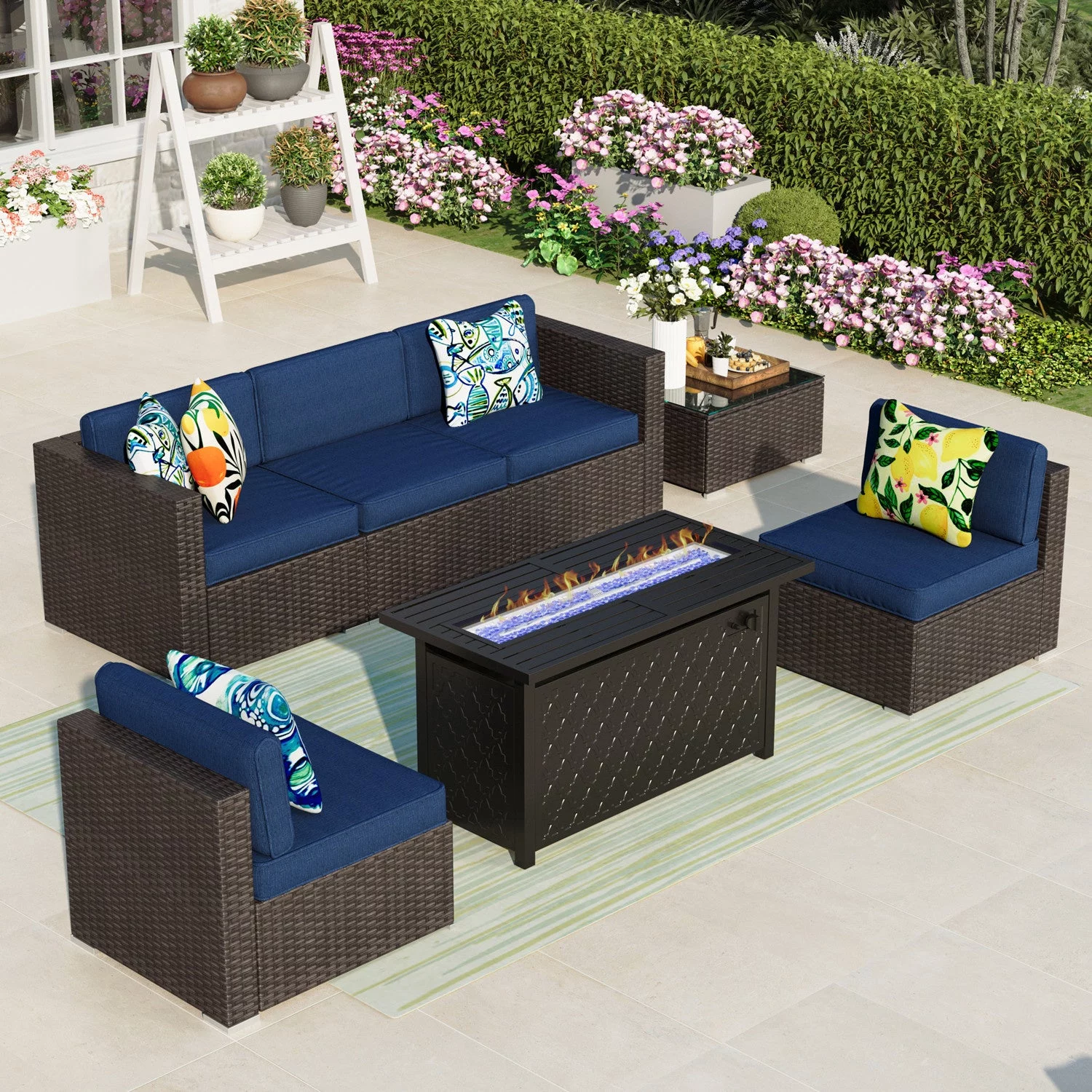 MF Studio 7 PCS Outdoor Patio Furniture Set with Fire Pit Table Wicker Patio Conversation Set  for 5 Person Navy Blue