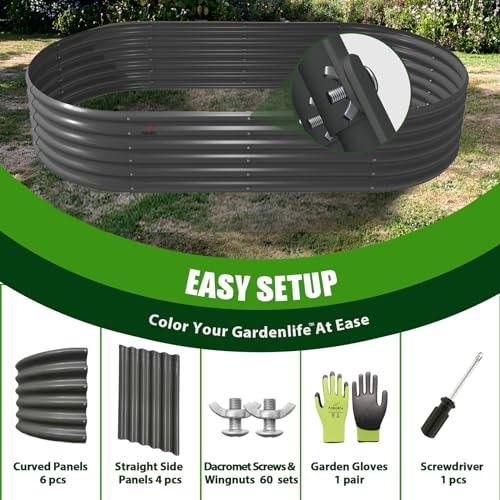 A ANLEOLIFE 8X4X1.5 ft Galvanized Raised Garden Beds Outdoor, Oval Large Metal Planter Box for Planting Vegetables Flowers Herb