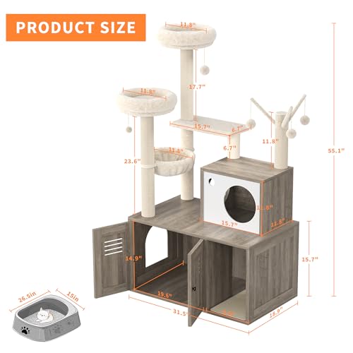 Litter Box Enclosure with Cat Tree Tower and Condo,Hidden Pet Washroom Furniture with Sisal Scratching Post,Hammocks,Condo,Multiple Platform