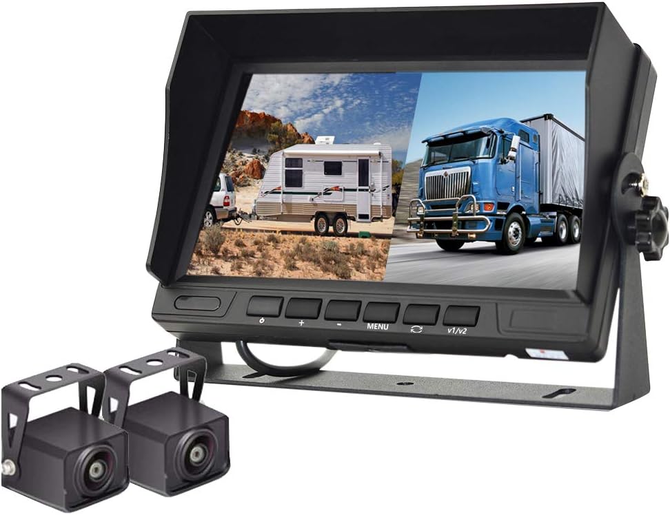 HD 1080P RV Backup Camera with 7 Inch DVR Split Screen Monitor for RVs,Trucks,Trailers, Rear and Front View Cameras, Color IR Night Vision