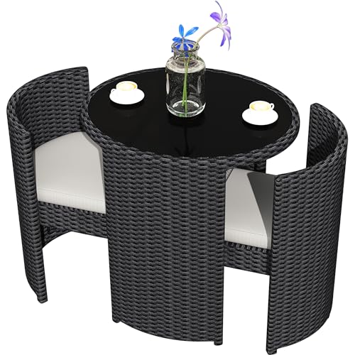 TWT 3 Pieces Fully Assembled Aluminum Outdoor Patio Bistro Set All-Weather Wicker Patio Furniture with Tempered Glass Table & Patio Chairs for