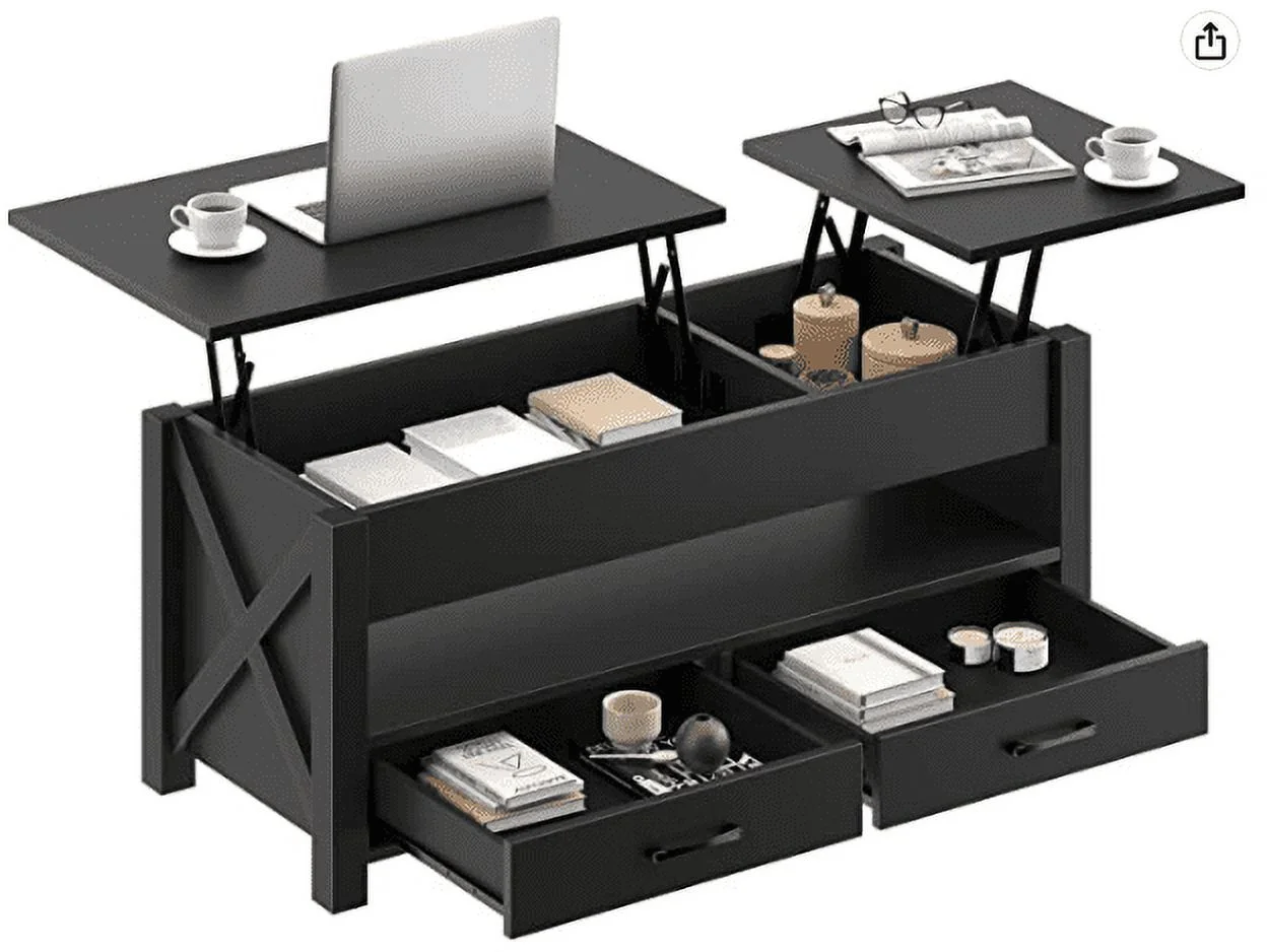 GUNAITO 47.2''Lift Top Coffee Table with Storage,2 Way Lift Coffee Table with 2 Drawers Modern Center Table for Living Room,Black