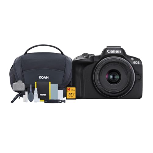 Canon EOS R50 Mirrorless Camera and 18-45mm Lens (Black) Bundle with 128GB SD Card and Camera System Gadget Bag with Accessory and Cleaning Kit (3