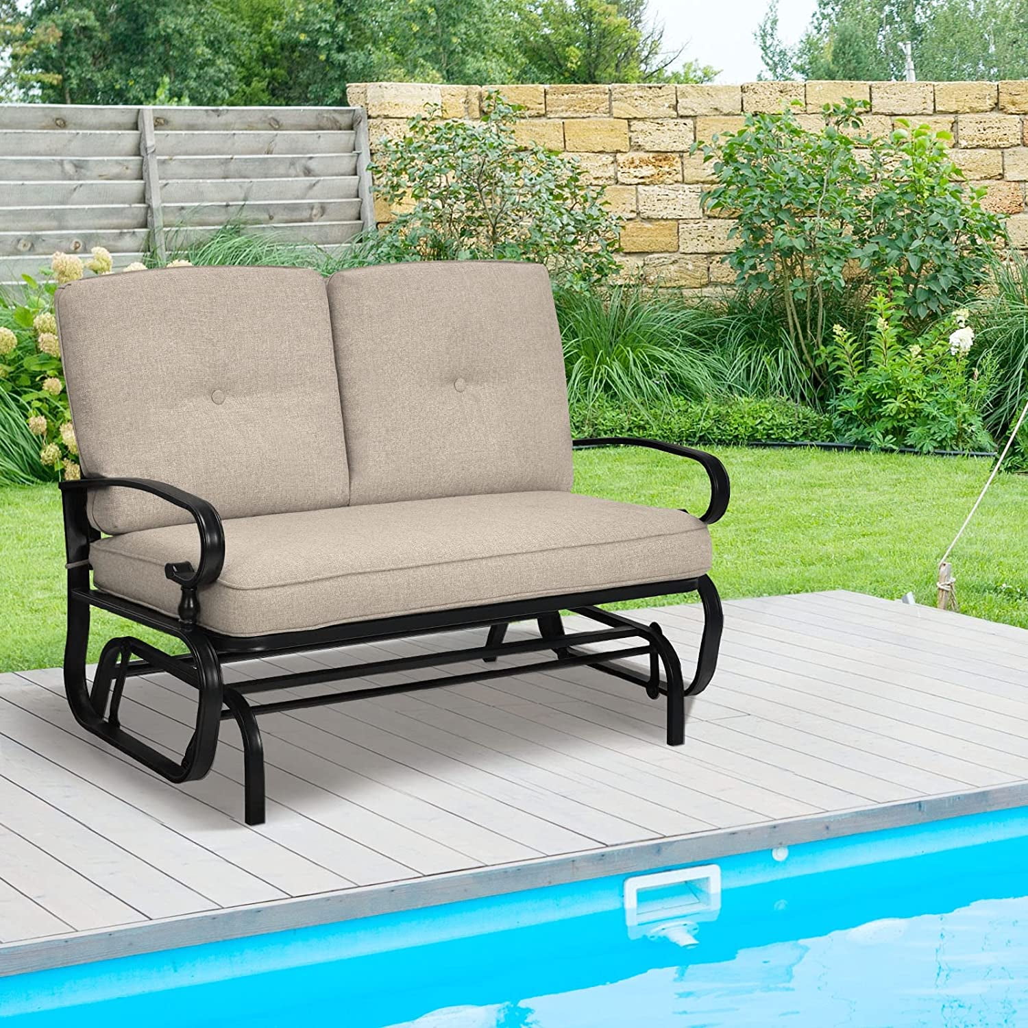 Outdoor Glider Bench Patio Loveseat with Cushions, 2-Person Outdoor Rocking Chair, Porch Glider Swing for Garden, Backyard, Poolsise