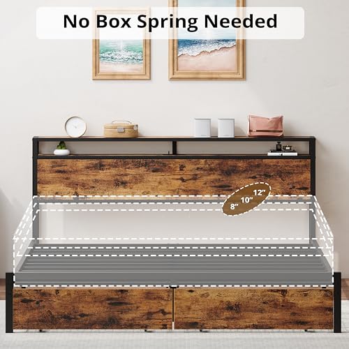 LIKIMIO King Bed Frame with Storage Headboard, Platform Bed with Drawers and Charging Station, No Box Spring Needed, Easy Assembly, Vintage Brown