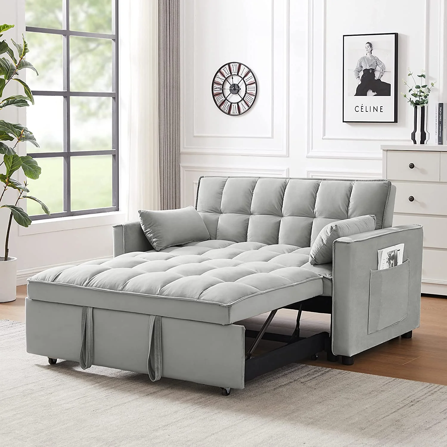 Pull Out Bed Sleeper Sofa Bed With Toss Pillows,Velvet Loveseat Futo Sofa Couch With Pockets