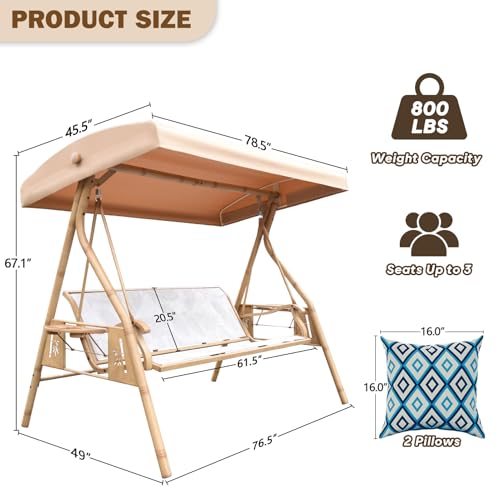 3 Person Patio Swing Outdoor Swing for Adults with Adjustable Canopy &Upgraded Cup Holders Textilene Fabric Porch Swing Chair with Stand Heavy Duty