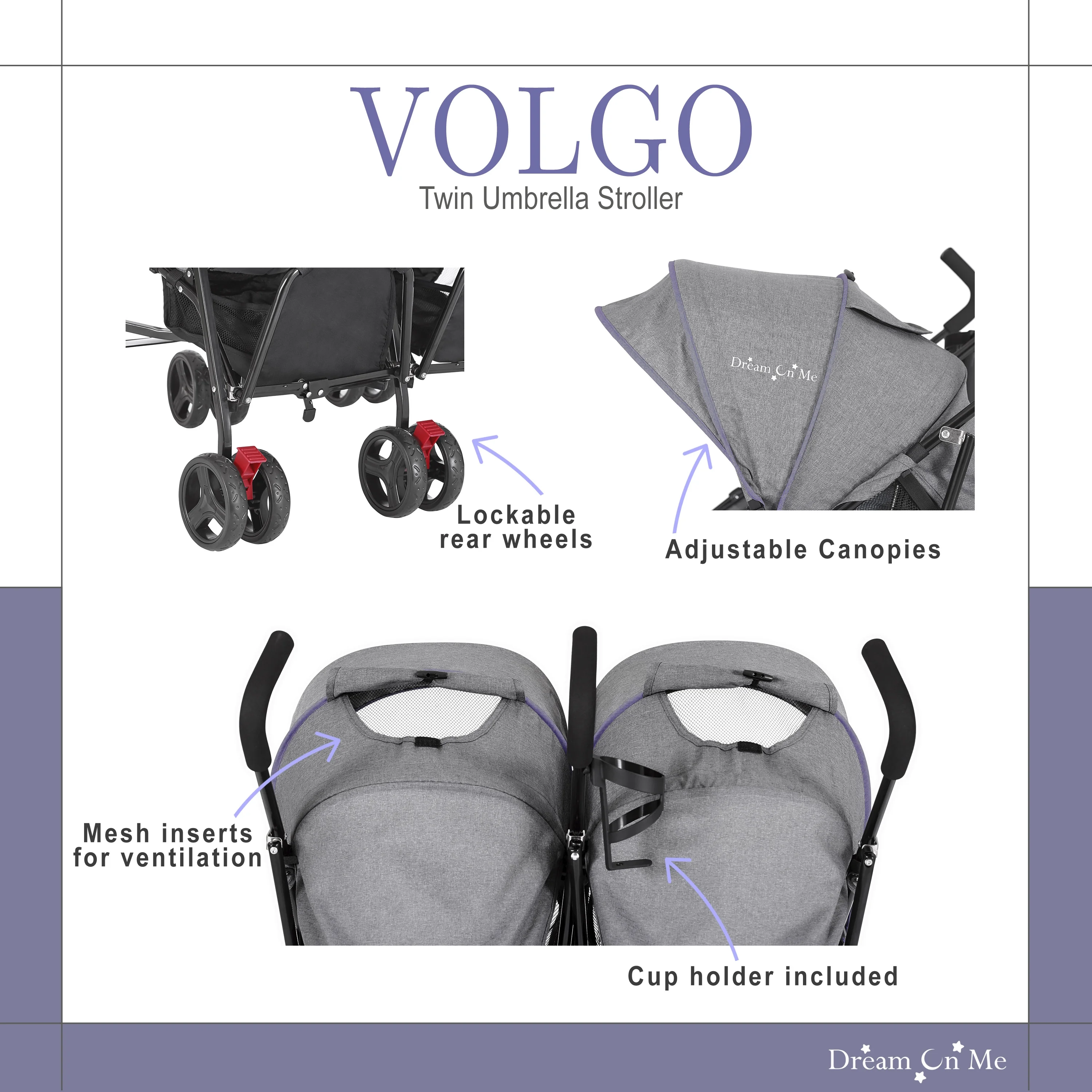 Dream On Me Volgo Twin Umbrella Stroller, Purple and Dark Grey
