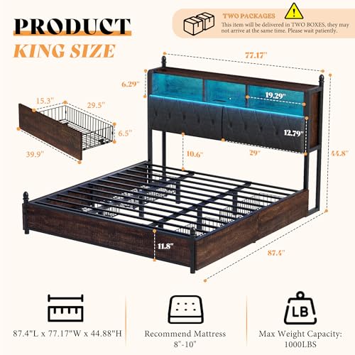 AMERLIFE Full Size Bed Frame with Bookcase Headboard, 4 Storage Drawers, Wooden Platform Bed with Charging Station & LED Light, No Box Spring Needed