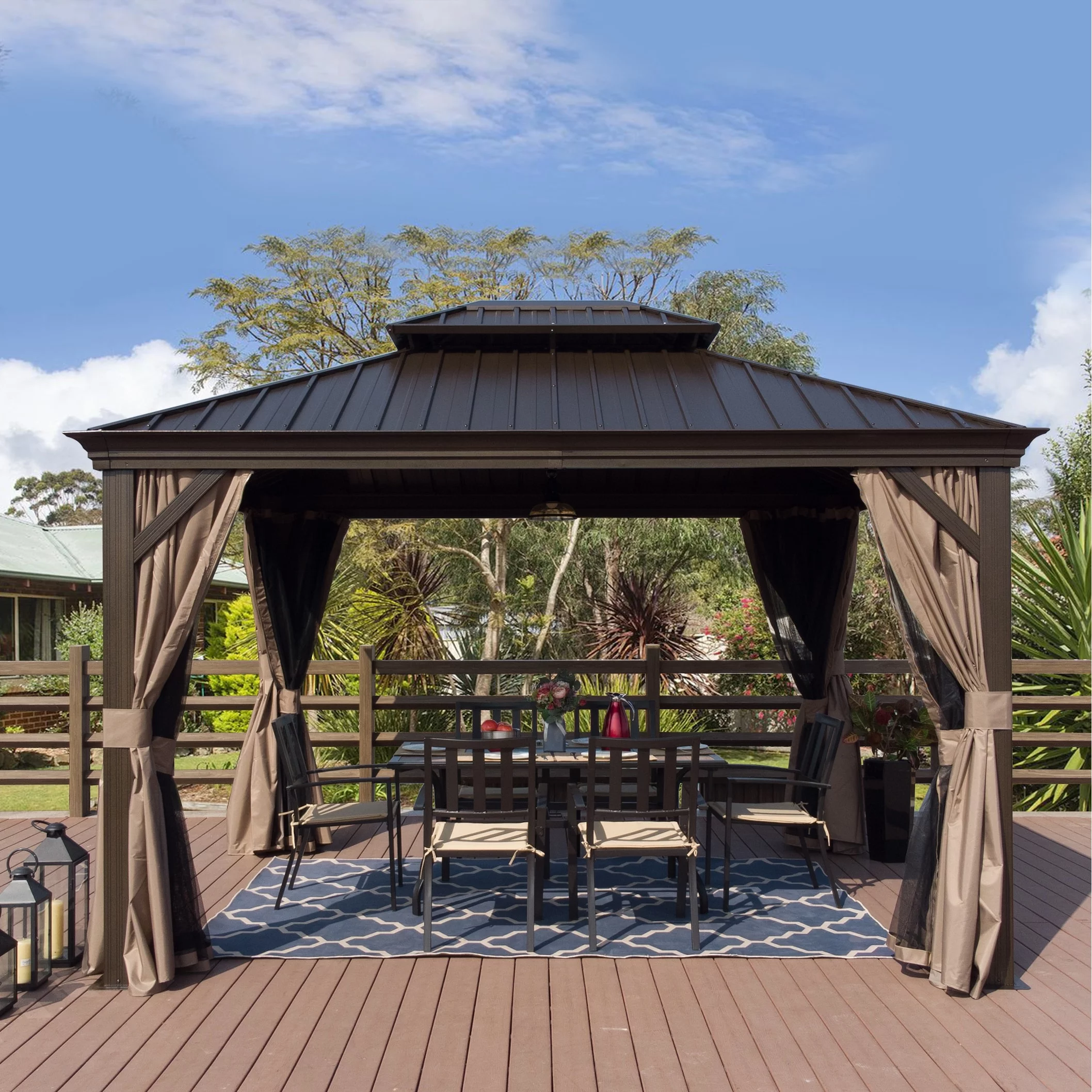 Kozyard LLC Kozyard Alexander Hardtop Aluminum Gazebo with Mosquito Net and Privacy Curtain Grey 10' x 12'
