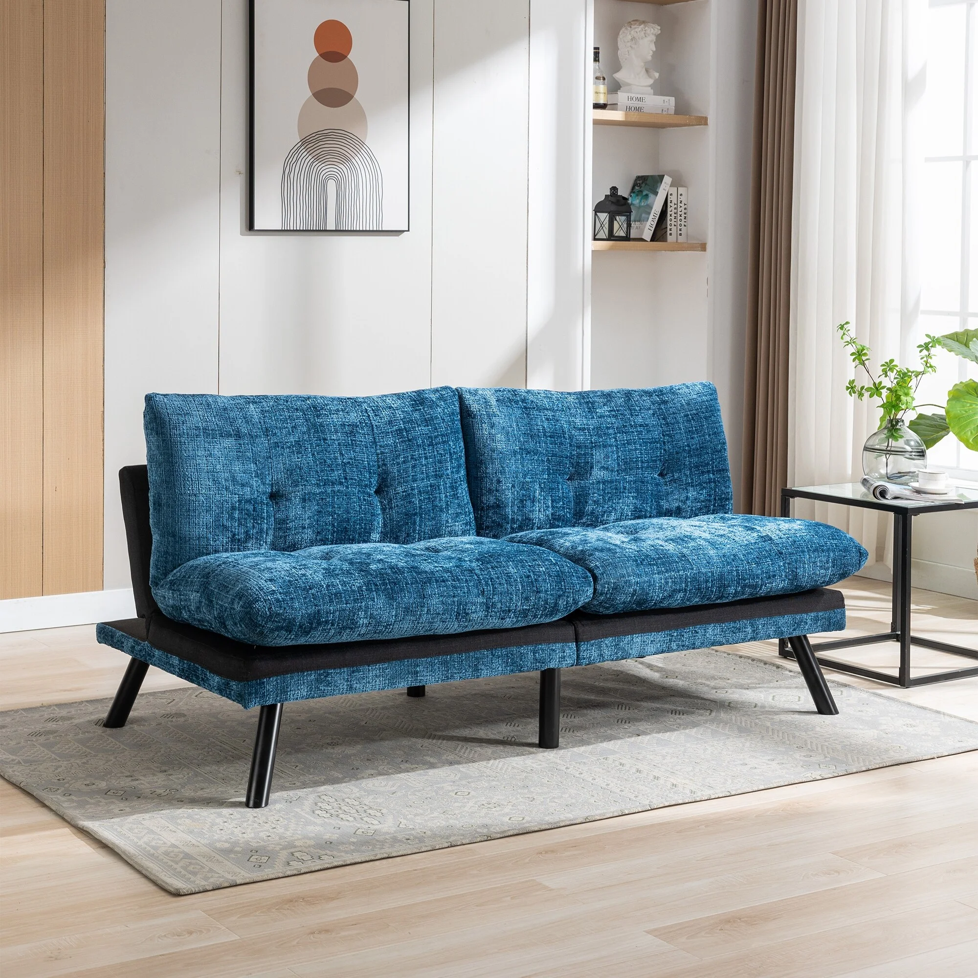 Adjustable Lounge Couch Convertible Sleeper Loveseat Chenille Fabric Futon Sofa Bed with Armless Reclining Sofa Settee, Blue