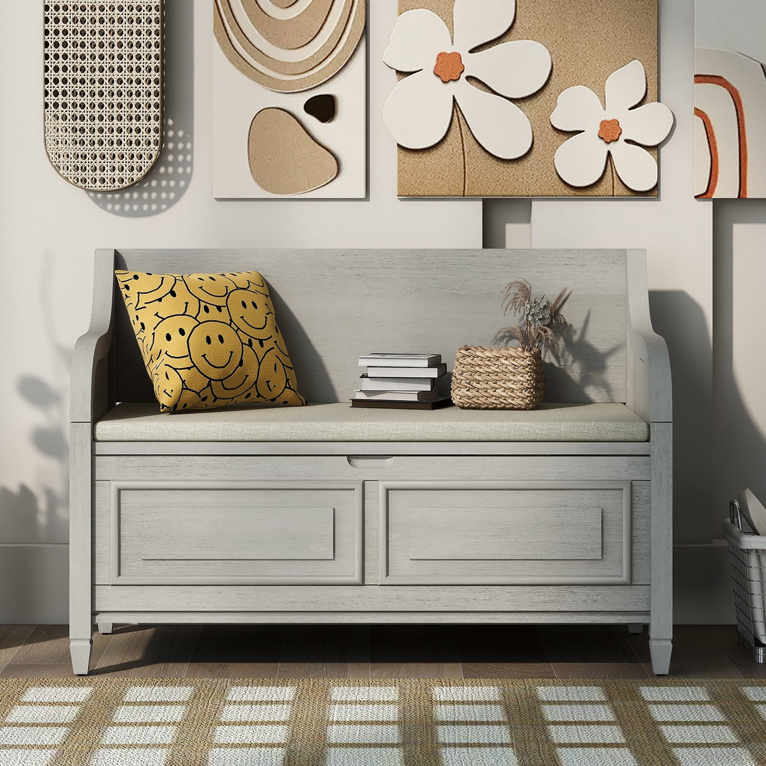 Churanty Rustic Solid Wood Entryway Storage Bench with Removable Cushion Shoe Bench for Living Room,Gray Wash