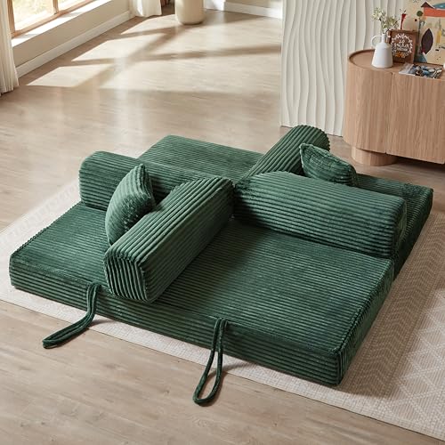 81" Foldable Convertible Sleeper Sofa Bed with Fixed-Shape Frame , Fluffy Corduroy Upholstered Folding Mattress Couch with Cylindrical Pillow