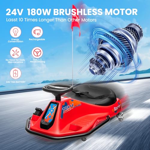 24V Electric Go Kart, 7Ah Drifting Car，Battery Powered Ride on Car Outdoor with 360 Degrees Rotating, Simplified Drift System, Variable Speed