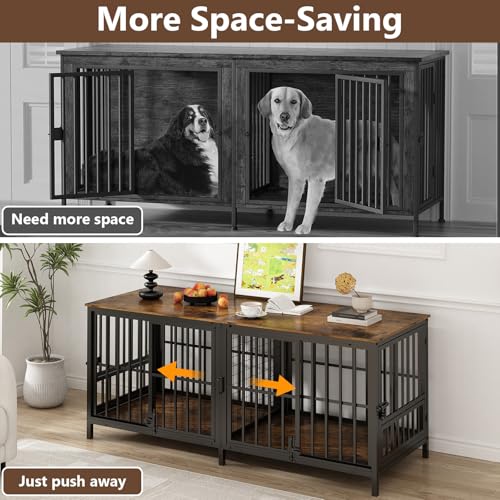 Extra Large 80" Dog Crate Furniture for 2 Dogs, Double Dog Crates for Large Dogs with 2 Dog Bowl, Wooden Pet Cage with Removable Divider