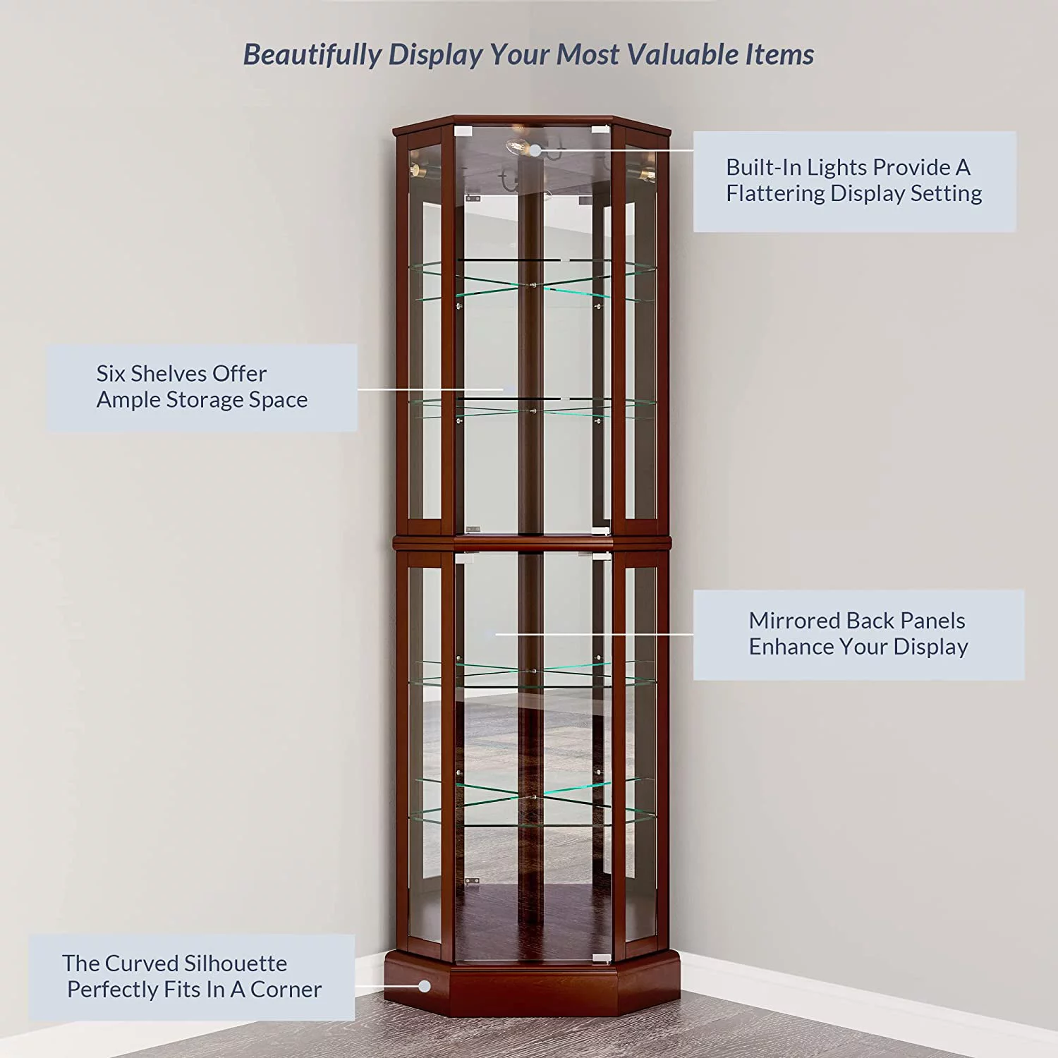 Lighted Corner Display Curio Cabinet Wooden Curved Shelving Unit with Tempered Glass Door, Bar and Liquor Storage Area with 6 Shelves