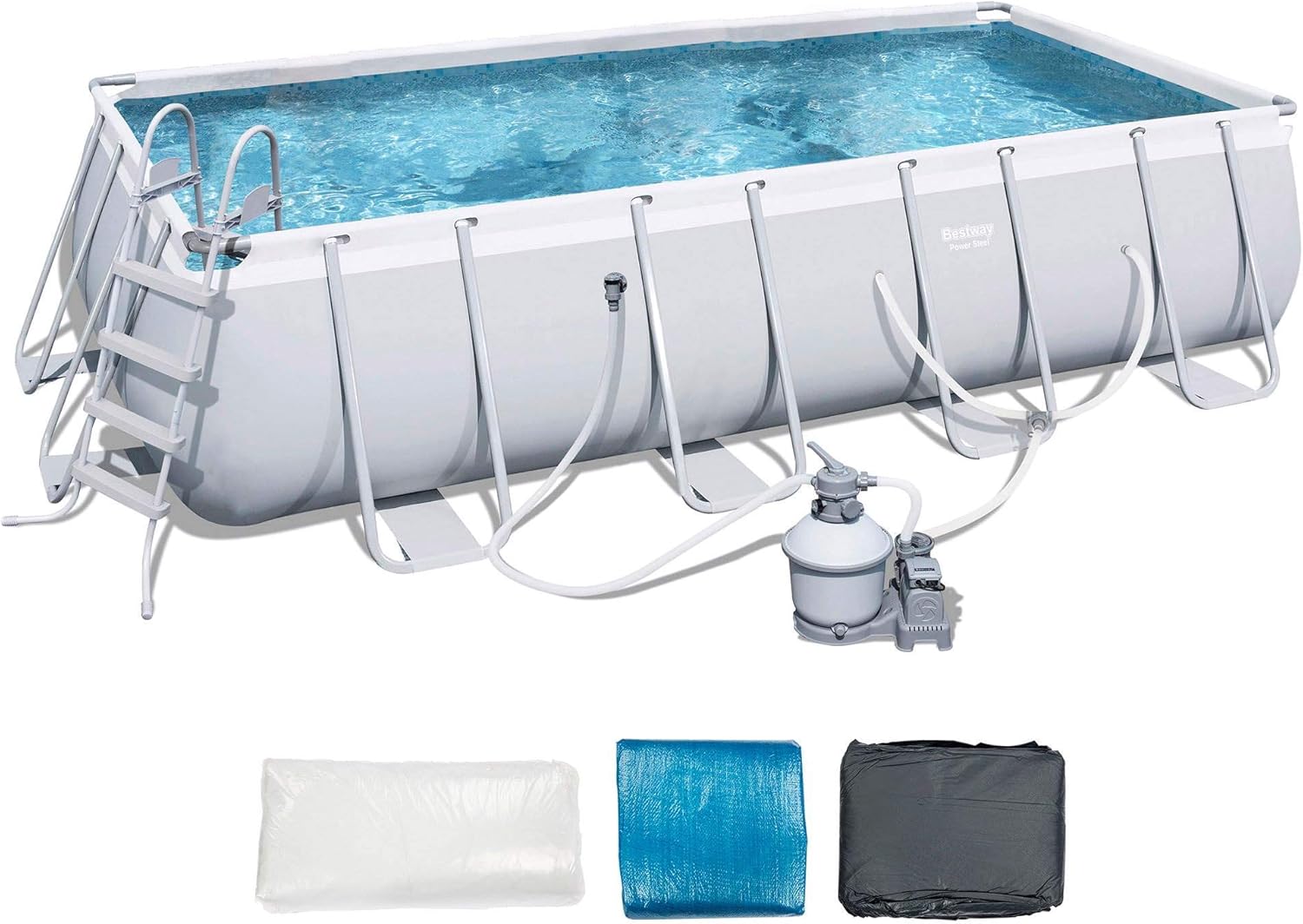 Bestway 56711E Power Steel 18' x 9' x 48 Outdoor Oval Frame Above Ground Swimming Pool Set with 1500 GPH Cartridge Filter Pump, Cover, & Ladder, Gray