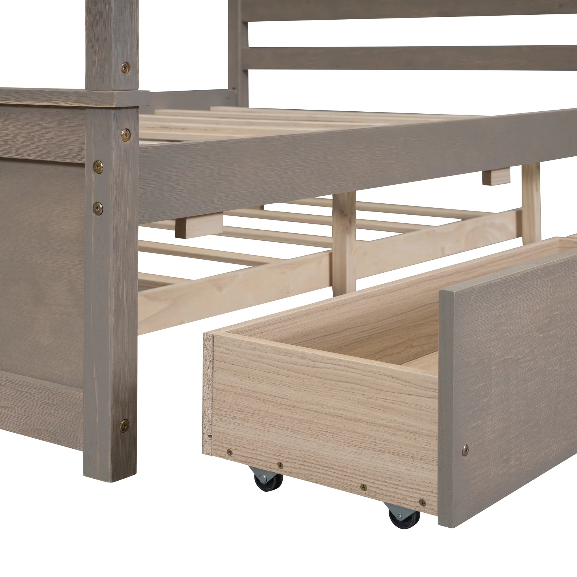 Nestfair Light Brown Full Size Wood Canopy Platform Bed with 2 Drawers and Trundle