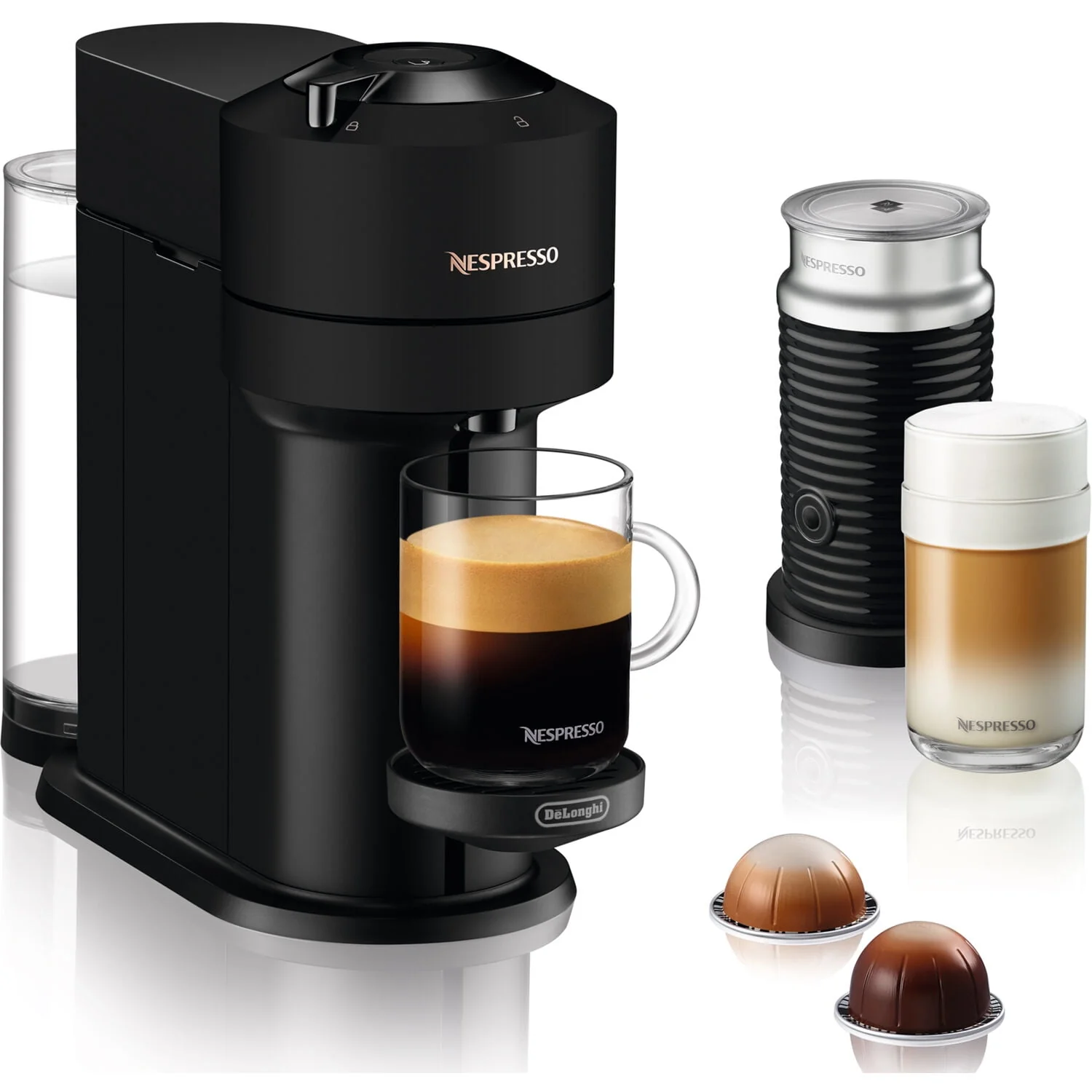 Nespresso by De'Longhi Vertuo Next Premium Coffee and Espresso Maker in Black Matte plus Aeroccino3 Milk Frother in Black