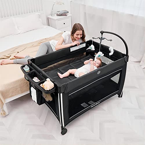 Pamo Babe 4 in 1 Portable Baby Crib Deluxe Nursery Center, Foldable Travel Playard with Bassinet, Mattress, Changing Table for Newborn, Infant