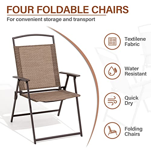 Pellebant 6PCS Patio Dining Set with Square Glass Table, 4 Folding Chairs and Patio Umbrella for Garden, Pool, Backyard, Outdoor, Indoor, Park, Patio