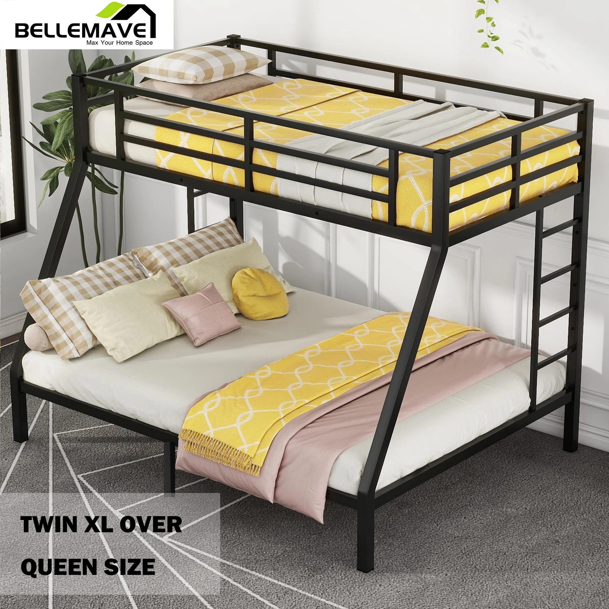 Bellemave Metal Bunk Beds Twin XL over Queen Bunk Bed for Adults, Teens, Kids Heavy Duty Bunk Bed Frame with 2 Ladder and Full-Length Guardrails