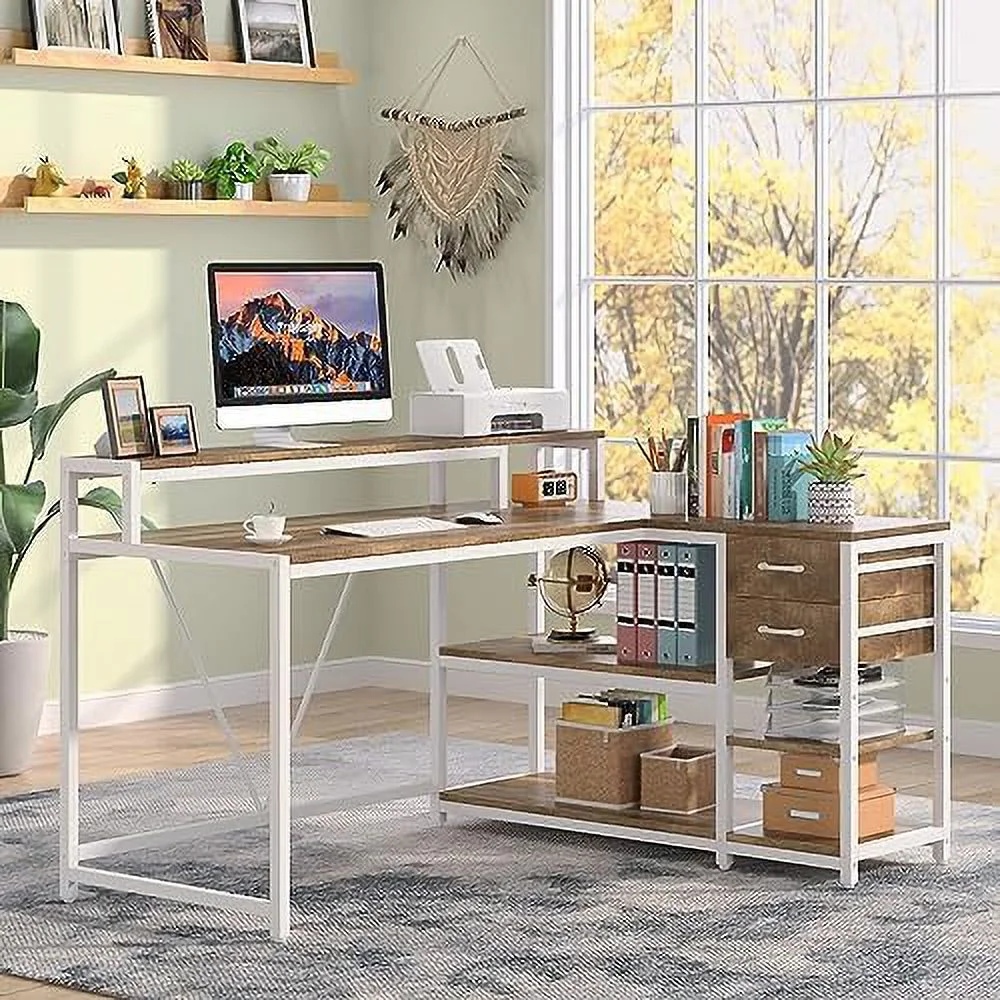 Reversible L Shaped Desk with Drawer  Industrial Corner Desk  Office Table with  Shelves and Monitor Stand  Rustic Wooden and Metal PC Desk for Small