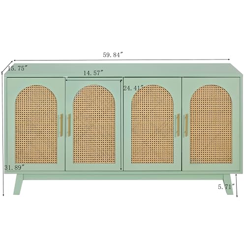 Sideboard Accent Storage Cabinet with Rattan Decorated 4 Doors Modern Freestanding Kitchen Buffet Table Cupboard Accent Cabinet for Dinging Room