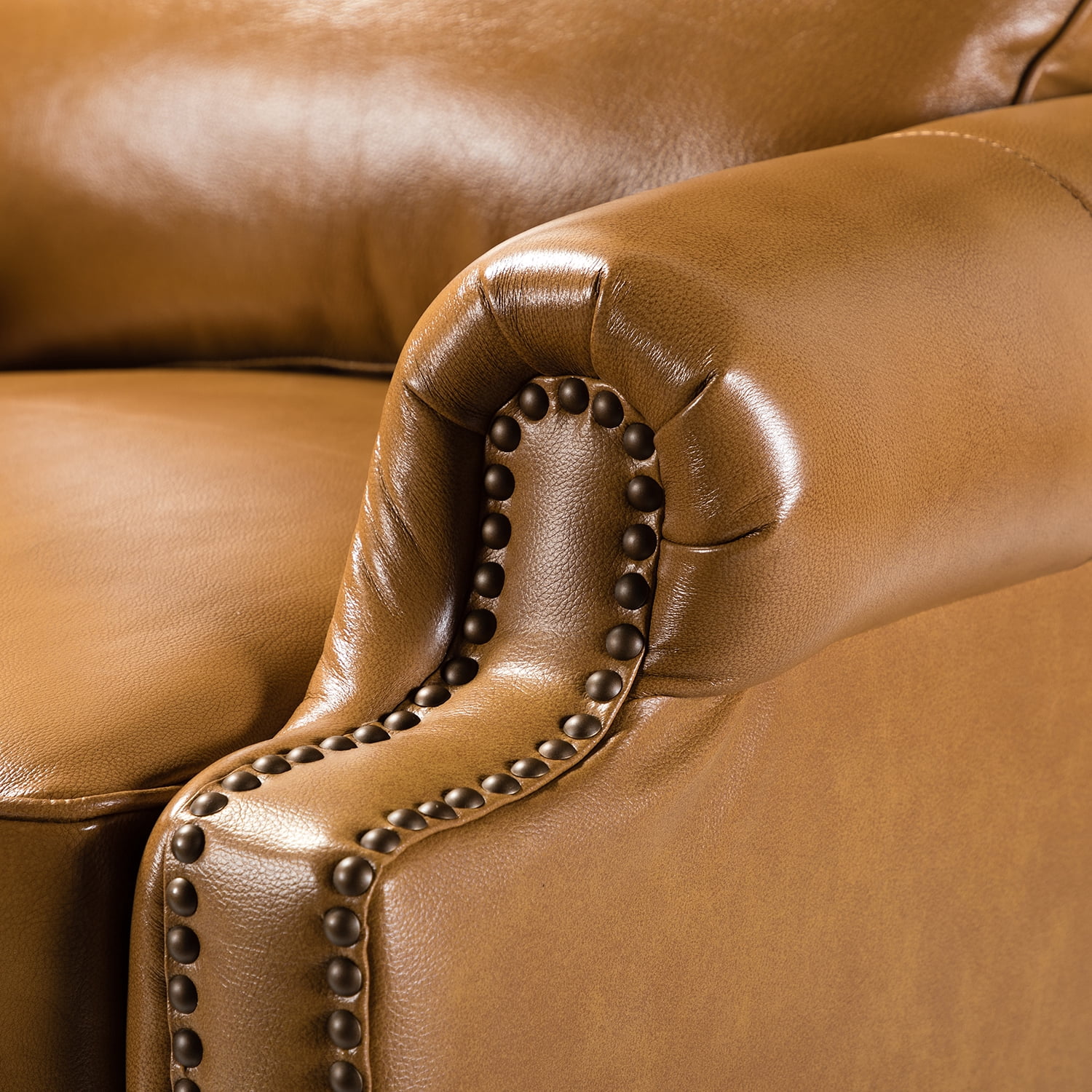 Genuine Leather Recliner Chair Mid-century Modern Wood Legs Nailhead Trim Armchair Living Room Office Camel - Radiant Selections