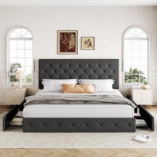 Allewie Upholstered Queen Size Platform Bed Frame with 4 Storage Drawers and Headboard, Square Stitched Button Tufted
