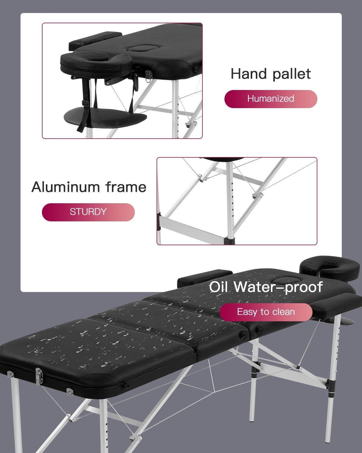 HHS Massage Table 73 Inch Aluminium Massage Bed Professional Folding Therapy Table Bed Height Adjustable Facial Salon Spa Tattoo Bed with Carry Case