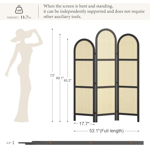 Room Divider and Folding Privacy Screens, Pine Wood 5.6 Ft Double Hinged Rattan Partition Freestanding Wall Room Divider for Home - 3 Panels